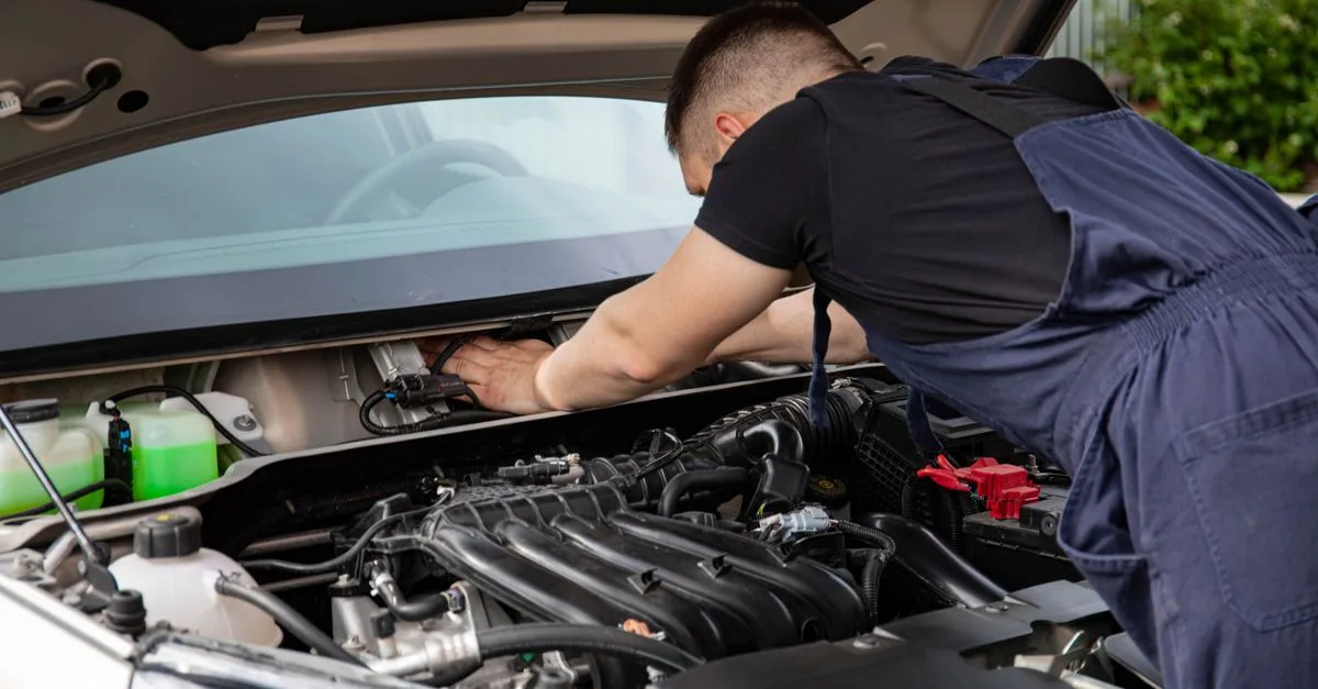 Eine Person arbeitet am geöffneten Motorraum eines Fahrzeugs